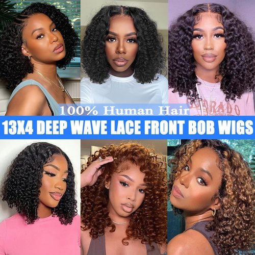 Kerberey 16 Inch Short Curly Bob Wigs Human Hair 13x4 Deep Wave Lace Front Wigs Human Hair for Black Women HD Lace Pre Plucked with Baby Hair Natural Black