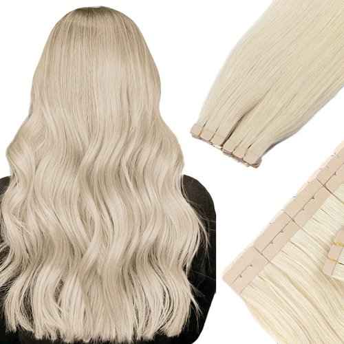 Benehair Tape-in Hair Extensions - Human Hair, Platinum Blonde, 18 Inch, 20pcs, 50g/pack, Straight, Seamless, Natural, Women's 18" #60