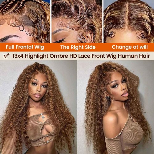 UFHUFH 30 inch Honey Blonde Wig Human Hair 13x4 Highlight Ombre Lace Front Wig Human Hair 200 Density HD Lace 4/27 Deep Wave Frontal Wigs for Women