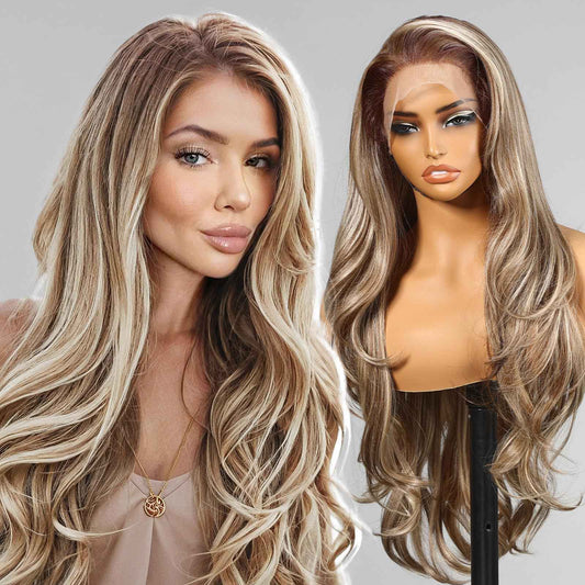 KOME Ash Blonde Synthetic Lace Front Wig,13×6 Blonde mix Brown HD Lace Glueless Wig for Women Daily Use 28IN（TT6/107）