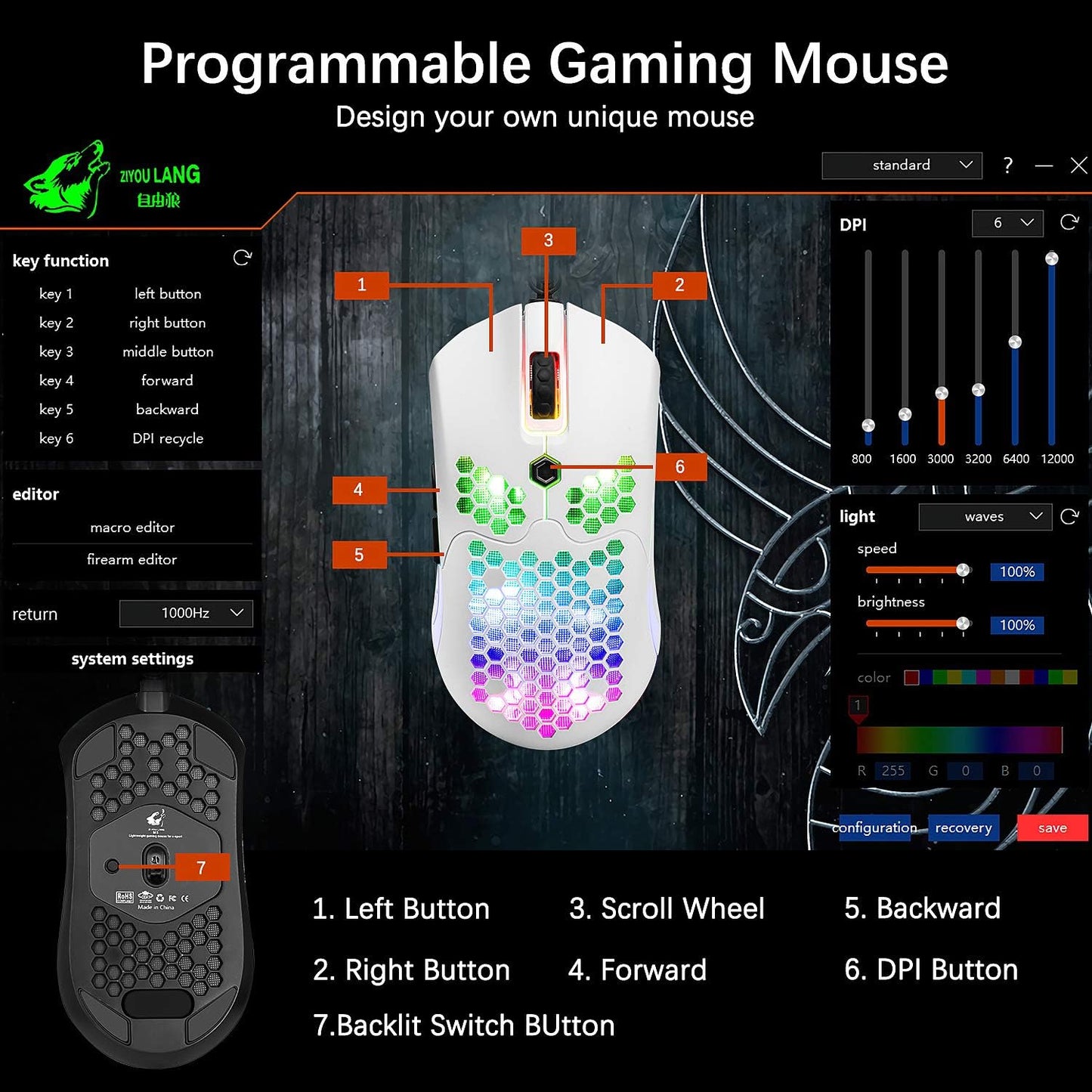 ZIYOU LANG M5 RGB Lightweight Wired Gaming Mouse with 12000 DPI 6 Programmed Buttons,65G Honeycomb Shell,Ultralight Ultraweave Cable,Pixart 3325 Optical Sensor Gamer Mice(Green)