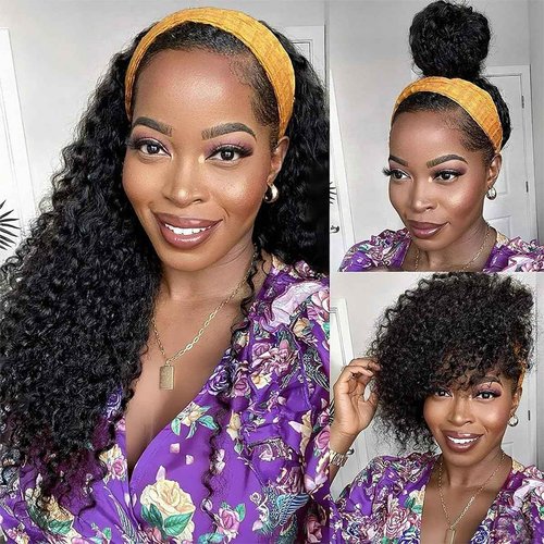 QCCSRR Curly Headband Wig Human Hair 24 Inch Glueless None Lace Front Deep Curly Wig Wear and Go Wigs for Black Women Machine Made Headband Half Wigs 180% Density Natural Color