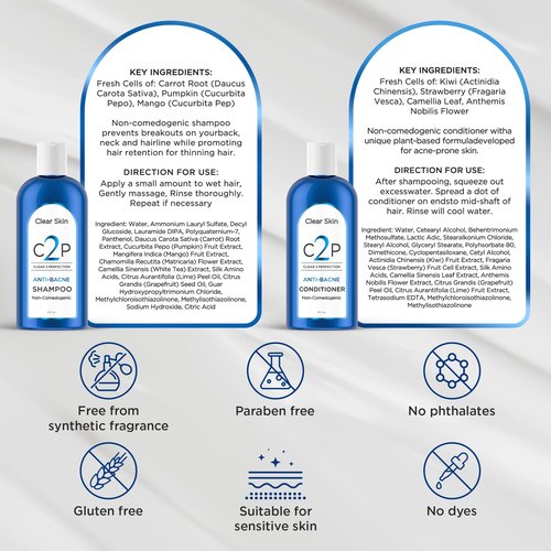 CLEAR 2 PERFECTION Acne Treatment Kit - Non-Comedogenic Haircare & Skincare Trio - Scrub, Shampoo & Conditioner - Ideal for Acne-Prone Skin & Bacne