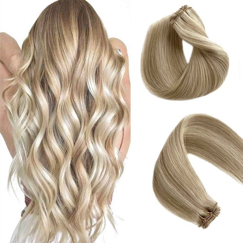 Sew in Hair Extension Real Human Hair, 18 inch 100g Hand Tied Weft Hair Extension Human Hair, Beige Blonde with Platinum Blonde Highlights Human Hair Extensions Sew in, Double Weft Bundles Human Hair