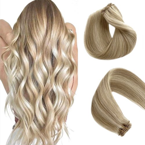 Sew in Weft Hair Extensions Bayalage Colored Beige Blonde With Platinum Blonde Highlights - Human Hair Bundles Double Weft Silky Straight Remy Hair Full Head 20inch 100g
