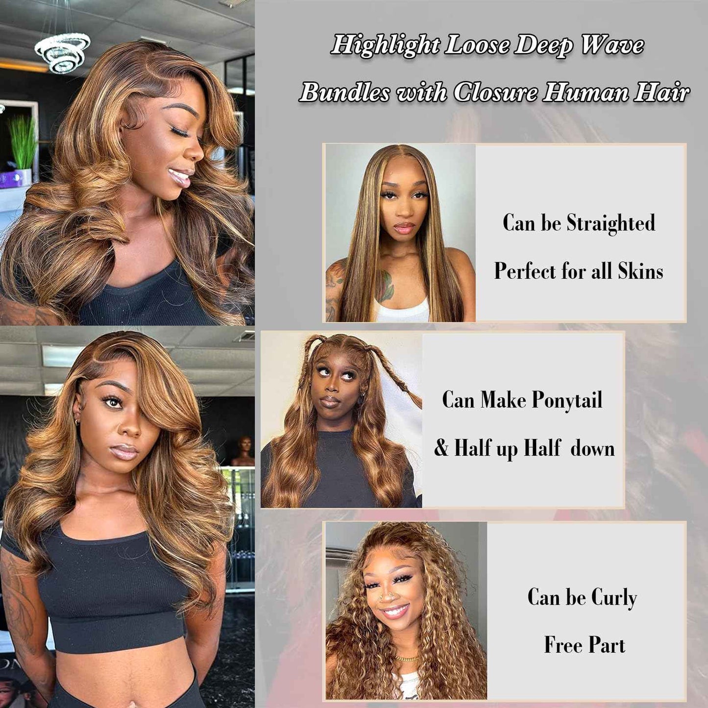 Highlight Human Hair Bundles with Closure Loose Deep Wave 14 16 18+14in 10A Highlight Ombre Human Hair Bundles Loose Wave with 4x4 HD Lace Closure Free Part