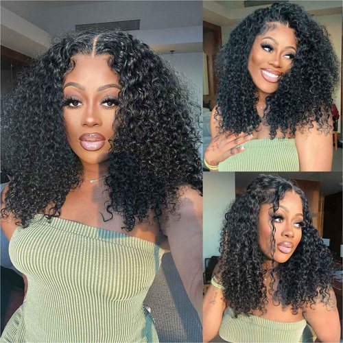 omswet Curly BOB Wig Human Hair 200 Density 5x5 HD Lace Closure Deep Wave Wigs for Black Women Glueless Wear and Go Pre Plucked Deep Wave Wet and Wavy Glueless Wigs Human Hair Natural Black 16 Inch