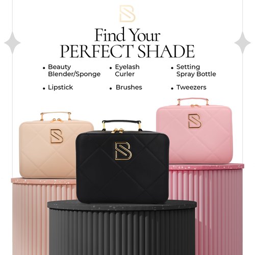 BAREZ Premium PU Leather Makeup Bag With LED Mirror - 3 Brightness Mirror Light Settings - Adjustable Dividers - Removable Mirror Waterproof Cosmetic Travel Bag (Black)