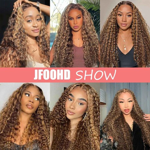 JFOOHD 28 Inch Highlight Deep Wave Lace Front Wigs Human Hair 200% Density 13x4 Deep Curly Human Hair Wig Pre Plucked P4/27 Ombre HD Lace Frontal Wigs for Women