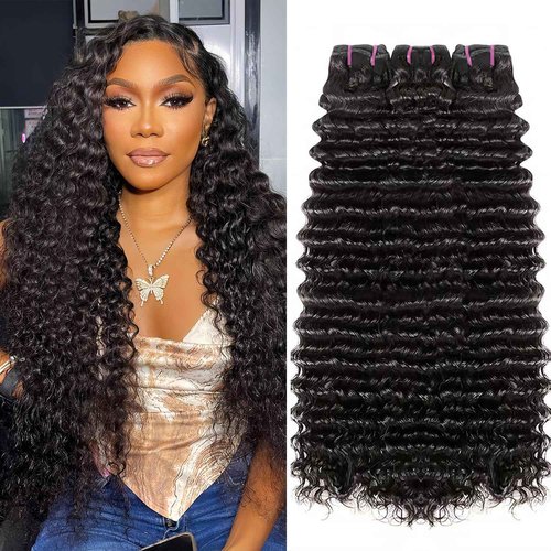 Elluipoey Deep Wave Bundles Human Hair 12 14 16 Inch Deep Curly Bundles 15A Grade 100% Unprocessed Brazilian Virgin Hair Wet and Wavy Bundles Double Weft Natural Black Color