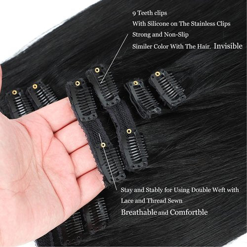 Clip in Hair Extensions Real Human Hair 22Inch 120g/set Straight Human Hair Clip in Extensions 7pcs Thick Remy Brazilian Human Hair Clip ins for Women Jet Black Color