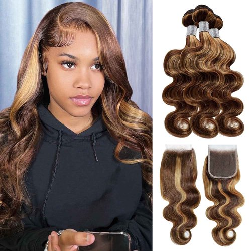 P4/27 Brown Highlight Body Wave Human Hair 3 Bundle with 4x4 Lace Closure,12A Grade Brazilian Remy Hair Ombre Bundles with Free Part 12 14 16+12inch