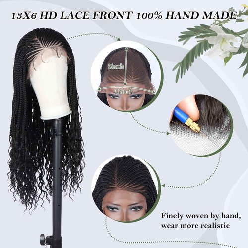 Alebery 13x6 HD Lace Front Box Braided Wigs with Curly End Lace Frontal Box Braids Wigs for Black Women Lightweight Synthetic Black Cornrow Fully Handmade Braided Wig with Baby Hair (26 inches)
