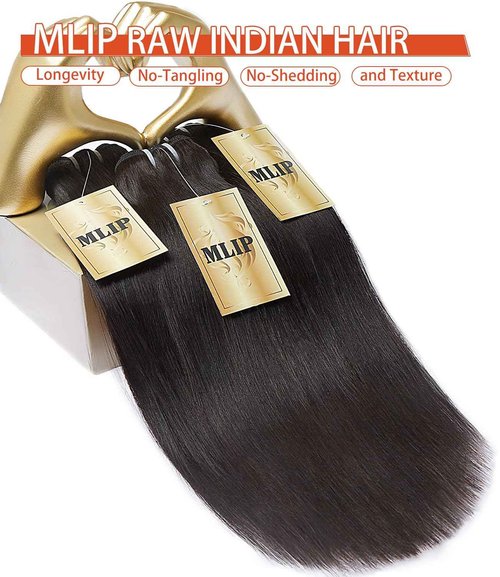 mlip Raw Bundles Human Hair Straight, No Tangle Shedding, Keep Texture Silky Soft After Multiple Washes, 15A Raw Indian Hair Bundles 20 Inches, Triple Lifespan 3X