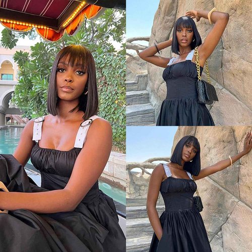 ROSELINE Short Bob Wig Human Hair Glueless HD 1X3 Lace Closure Human Hair Bob Wig With Bangs For Black Women (12Inch)