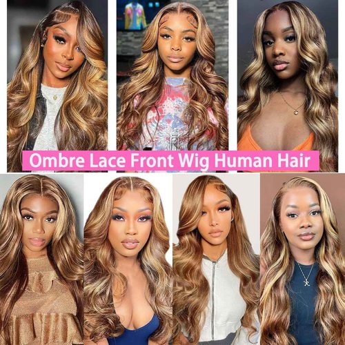 SWEETGIRL 13x6 Lace Front Wigs Human Hair Highlight Ombre Lace Front Wig Human Hair Honey Blonde Colored Hd Lace Frontal Wigs for Women Pre Plucked Body Wave Wig 180 Density 24 Inch P4/27