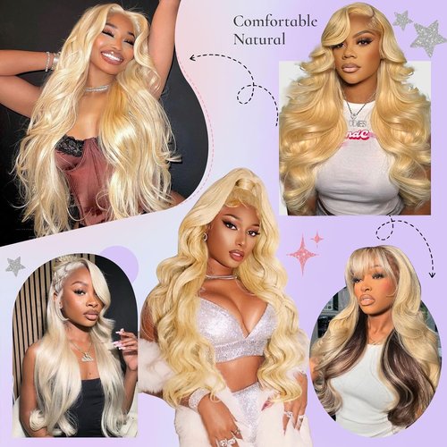 MUXFILLA 613 13x6 Lace Front Wig Human Hair 22-Inch Blonde Wig Body Wave for Black Women 200% Density Pre Plucked Glueless HD Lace Frontal Wig