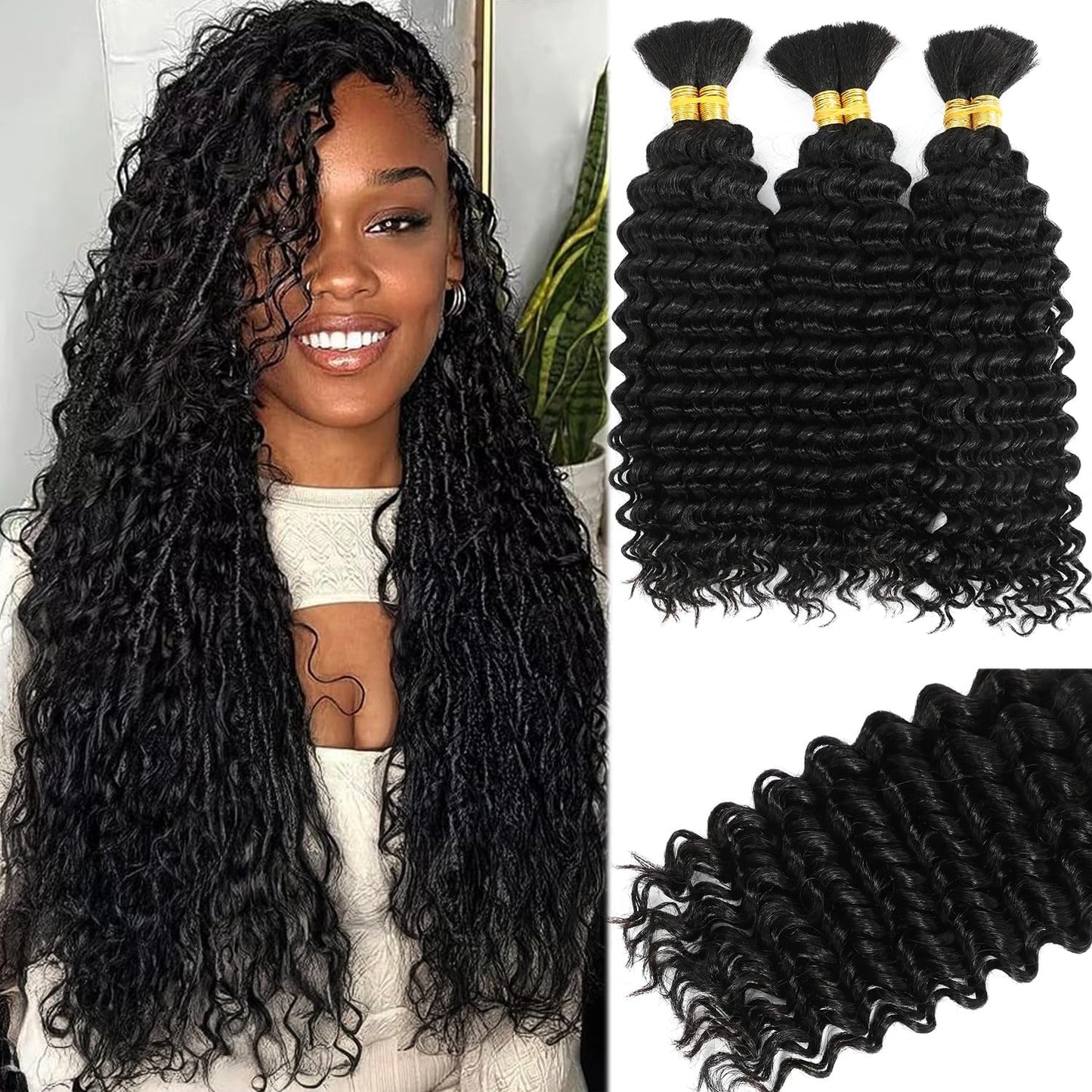 Human Braiding Hair for Crochet Boho Braids Water Wave Bulk Human Hair for Braiding Knotless 28 Inch 100G Natural Color No Weft Curly Wet and Wavy Micro Braiding Extensions