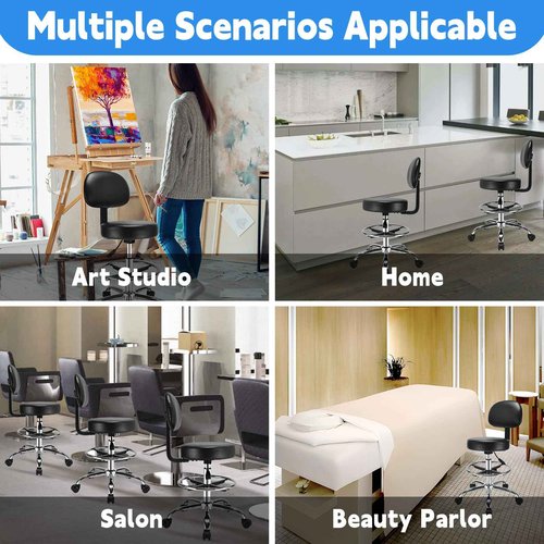 Rolling Stool with Back Adjustable- Ergonomic Back Support, Soft Leather Seat Cushion, Height Adjustability, Rolling Stools Chair with Wheels and Footrest Ring, Massage Office Tatto Salon (Black)
