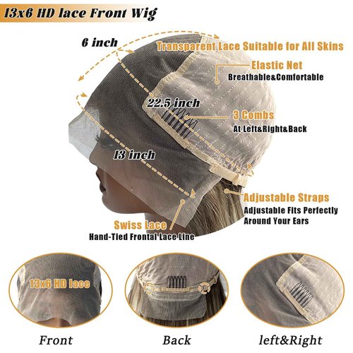 Ombre Highlights Ash Brown Wigs Human Hair for White Women 18 Inch Pre Plucked 13x6 Balayage Blonde HD Lace Front Wig Human Hair with Dark Roots Glueless Straight Wig 180% Density Full End