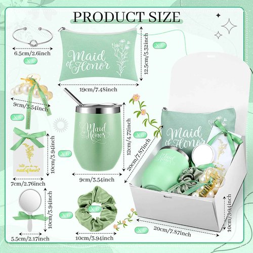 FineCheer 48 Pcs Bridesmaid Proposal Gifts Maid of Honor Proposal Gift Include Box Tumblers Makeup Bag Scrunchie Hair Clip Bracelet Card Mirror for Bridal Shower Bachelorette Party(Green)