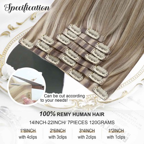 Moresoo Seamless Clip in Hair Extensions Human Hair Blonde Highlight with Light Brown Tape in Hair Extensions Human Hair Blonde (7pcs/120g +20pcs/50g) 16inch Bundle
