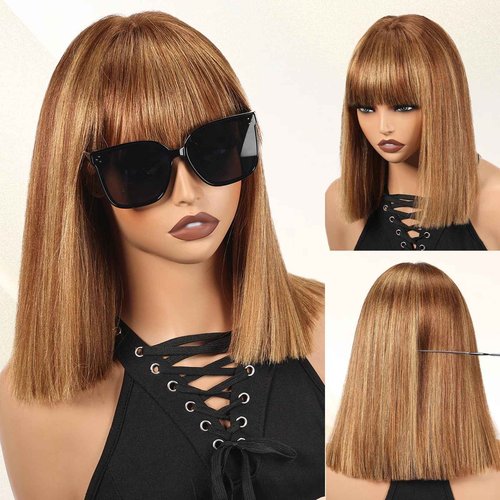 ELLORS 12 Inch Highlight Bob Wig Human Hair With Bangs Glueless 2x1 HD Lace Wigs, Short Wigs For Women Yaki Straight