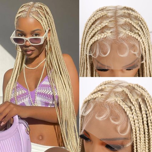 Lady Miranda Full Lace Braided Wigs for Black Women Knotless Box Braid Wig with Baby Hair 34" Glueless Wigs Jumbo Box Braids Lace Front Synthetic Wig (Blonde-box braid, 34 Inch)