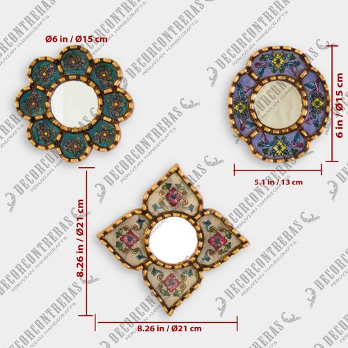 DECORCONTRERAS Artisan Small Accent Wall Mirror Set of 3 - Peruvian mirrors for wall with bronze leaf frame - Reverse Painted Glass Mirrors