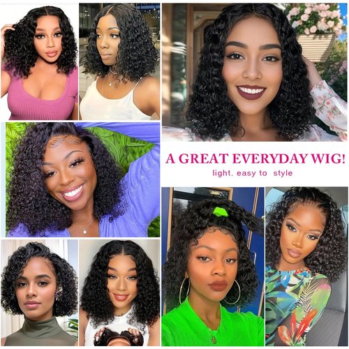 Nipkocy Bob Wig Human Hair Short Deep Curly 16inch 180% Density 13x6 Frontal Hd Lace Wig Wet And Wavy Deep Wave Lace Front Wigs Human Hair For Black Women 100 Real Curly Human Hair Natural Black