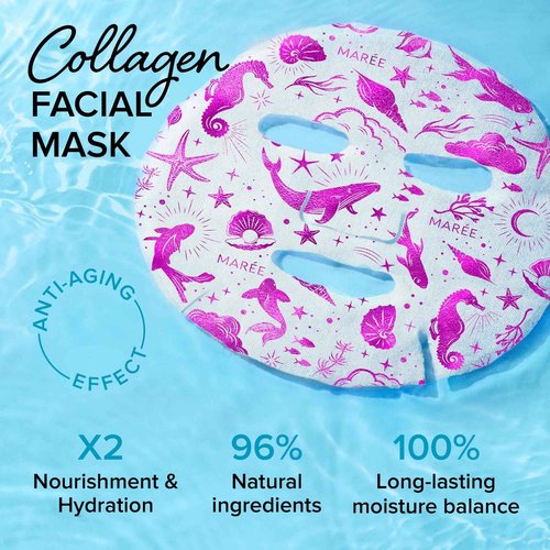 MAREE Bundle - Glycolic Acid Peel Pads, Sheet Moisturizing Masks & Face Moisturizer Cream - Salicylic Acid, Marine Collagen & Hyaluronic Acid, Retinol - Cleaning Effect, Hydrating & Anti Aging Cream