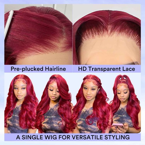 AYMMOLI 24 Inch 99j Burgundy Lace Front Wigs Human Hair 13x4 HD Red Burgundy Body Wave Wig Human Hair 200 Density Body Wave Lace Front Wigs Pre Plucked Glueless Frontal Wigs for Women