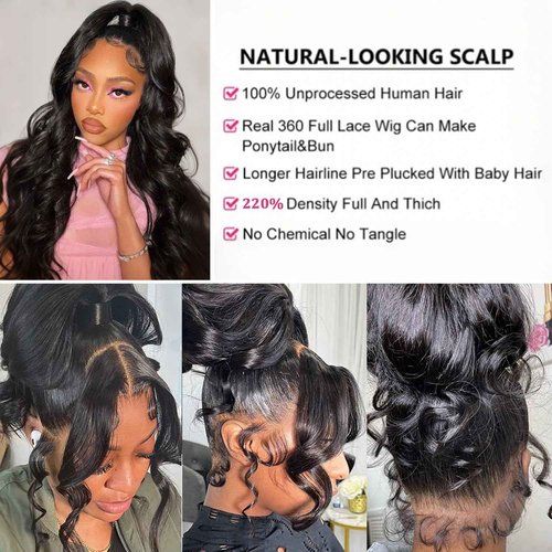 Abijale 360 Lace Front Wigs Human Hair 220% Density Hidden Straps Body Wave HD Lace Front Wigs with Drawstring 360 Full Lace Wigs Brazilian Virgin Human Hair Wig for Women Natural Black 20Inch