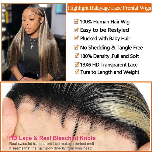 Teveshine 22inch Balayage Wig Human Hair 13x6 Ombre Lace Front Wig Pre Plucked With Baby Hair 180 Density FB27 Colored HD Glueless Balayage Wig Human Hair