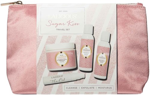 LaLicious Sugar Kiss Travel Set - Whipped Sugar Scrub, Shower Gel / Bubble Bath, Body Butter & Body Oil in a Luxe Velour Makeup Bag (4 Piece Kit)