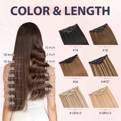 TESS Clip in Hair Extensions Human Hair with Single Clip Lace Weft Straight Highlight Add Volume 6 Pcs 6 Clips, 22 Inch, Chocolate Brown Mixed Light Brown