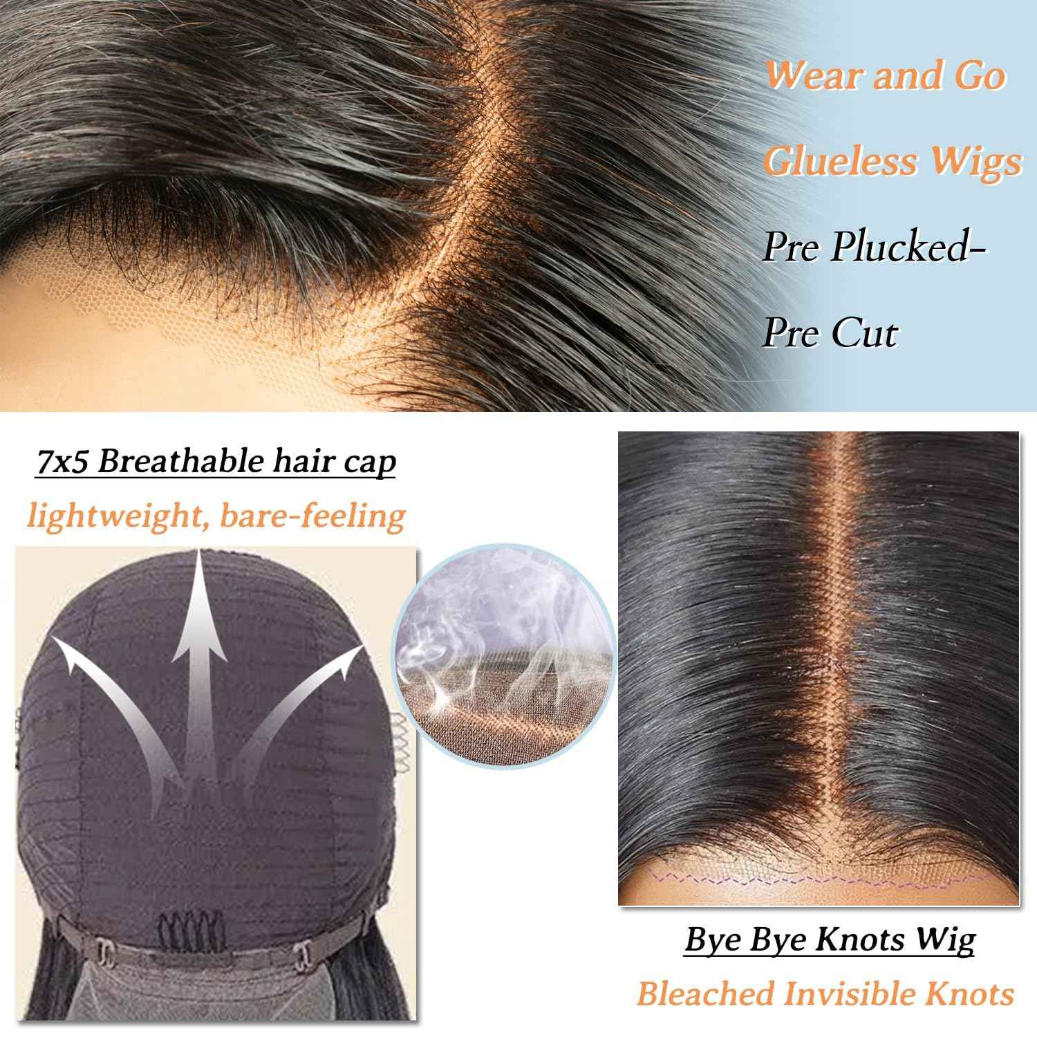 32Inch Wear and Go Glueless Wigs Human Hair Pre Cut 7x5 Black Body Wave Lace Front Wigs Human Hair 200% Density Bye Bye Knots Wigs