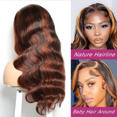 BELE Highlight 1B/350 Transparent HD 13x4 Lace Front Wig Human Hair Reddish Brown Ombre Brazilian Virgin Body Wave 180% Density Lace Front Glueless Wig Pre Plucked with Baby Hair 20inch for Women