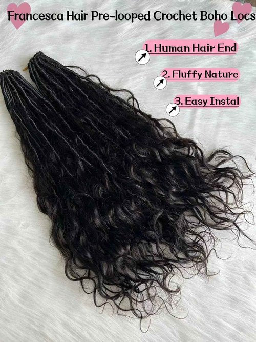 Francesca Hair Pre-looped Crochet Boho Faux Locs with Human Hair body wave Ends Boho Hair Braids Goddess Dreadlocks Hair for Black Women Natural Color 26 Inch (Pack of 1)