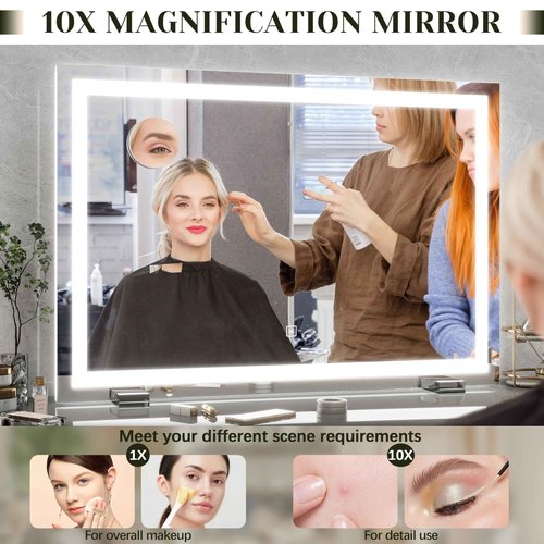 ROLOVE 32x 22 Inch Large Lighted Vanity Mirror with Dimmable 3 Modes, LED Makeup Mirror for Bathroom ＆ Dressing Room, Tabletop or Wall-Mounted, White
