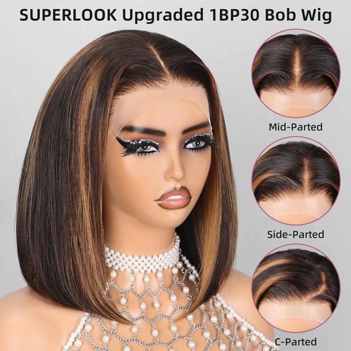 SUPERLOOK FB30 Ombre Bob Wig Human Hair Real 210% Density Ready to Go Glueless Wig 12a Straight Highlight Bob Wigs Human Hair Pre Cut Lace Pre Bleached Tiny Knots (12inch, 13x4 FB30 Bob)