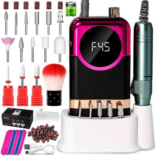 LIMEGIRL Professional Electric Nail Drill Kit 45000RPM Portable Cordless Toenail Cordless Toenail Machine with 14 Drill Bits and Base for Women(Rose Red)