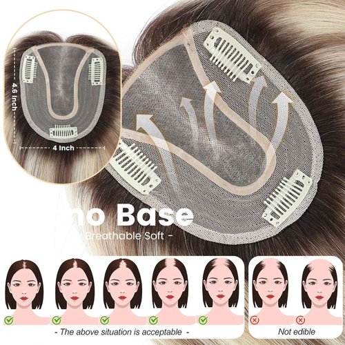 Hair Toppers for Women Real Human Hair 12 Inch Upgrade Mono Base 4.6x4 Inch Human Toppers for Women with Thinning No Bangs for Add Volume（Ombre Light Brown with Blond Highlight）