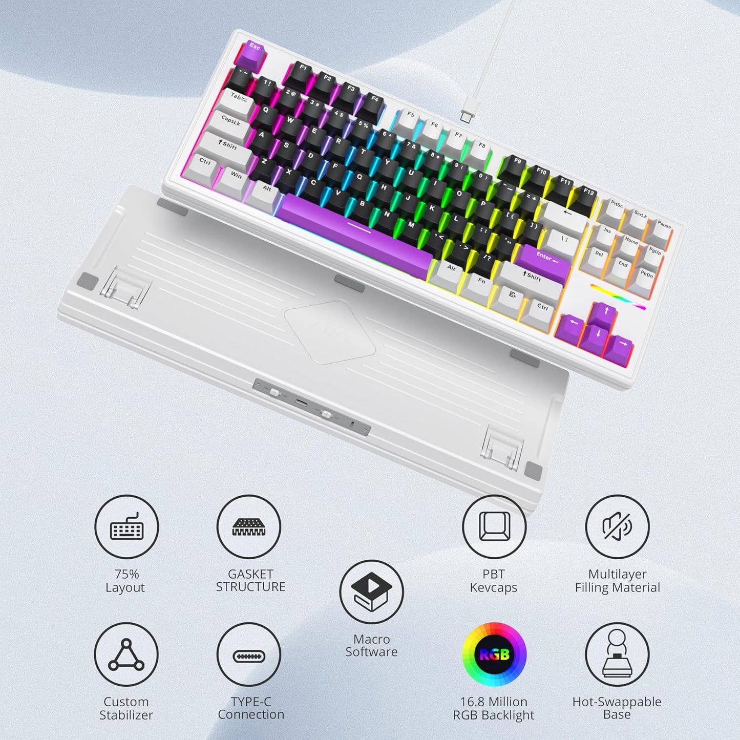75% TKL Wired Mechanical Keyboard,RGB Backlit Gasket Mount 82 Key Hot Swappable Custom Linear Red Switch Gaming Keyboard with Volume Knob & PBT Keycaps (82 Shoko)
