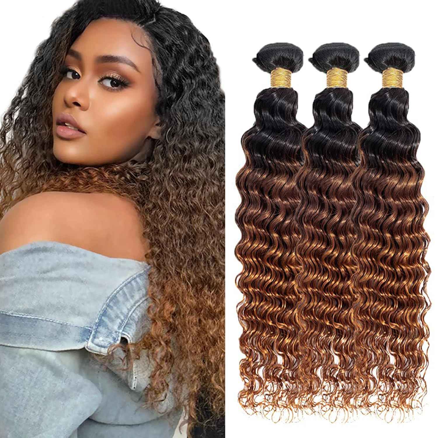Habiliana Bundles Human Hair 26 28 30 Inch Omber Deep Wave Human Hair Bundles Natural Chocolate Brown T1B/4/30 11A Unprocessed Brazilian Virgin Quick Weave Hair Extensions for Black Women