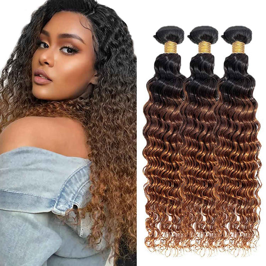 Habiliana Bundles Human Hair 26 28 30 Inch Omber Deep Wave Human Hair Bundles Natural Chocolate Brown T1B/4/30 11A Unprocessed Brazilian Virgin Quick Weave Hair Extensions for Black Women