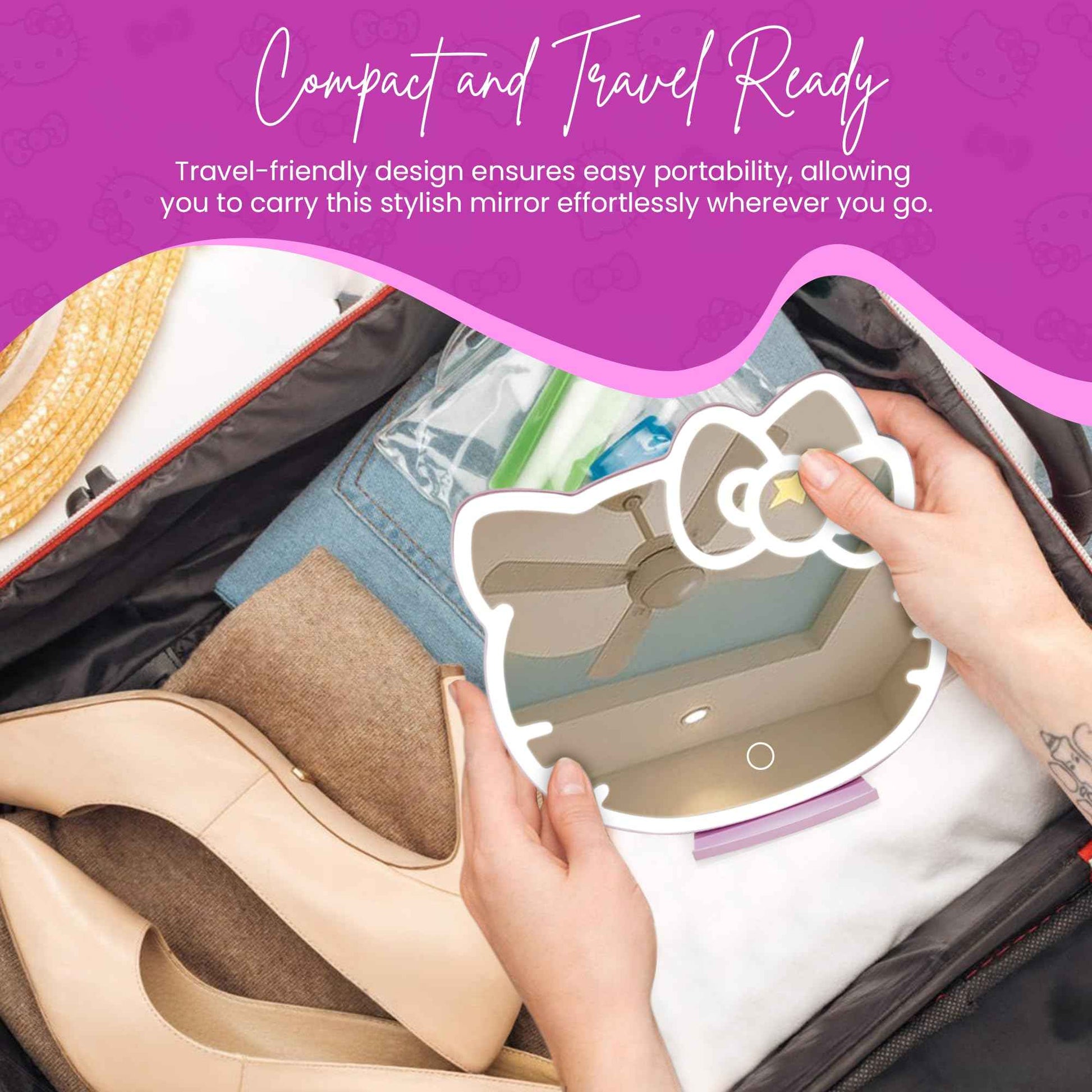 Impressions Vanity Supercute Hello Kitty Tabletop Desk Mirror with Lights and Touch Sensor Switch, Adjustable Tri Tone LED Lighted Makeup Mirror with Hidden Extendable Tray and Phone Holder