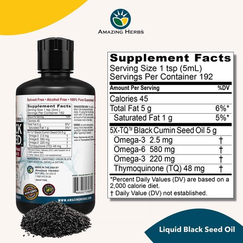 Amazing Herbs Egyptian Black Seed Oil - Gluten Free, Non GMO, Cold Pressed Nigella Sativa Aids in Digestive Health, Immune Support, Brain Function, Mild Flavor - 32 Fl Oz