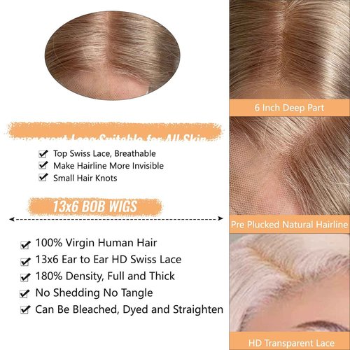 Munx Ash Blonde Lace Front Wig Human Hair Straight 13 * 6 Bob Wigs HD Lace Frontal Human Hair Honey Brown Colored Blunt Cut Bob Wig for Black Women Real 180% Density Glueless Bob Human Hair Wig 16"