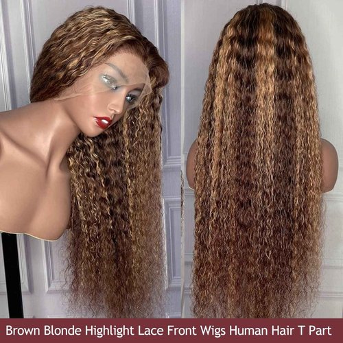 Licoville Ombre Lace Front Wigs Human Hair 22 Inch Curly Highlight Lace Frontal Wig Mixed with Brown Roots Wear and Go 4/27 Honey Blonde Water Wave Human Hair Wig 150% Density